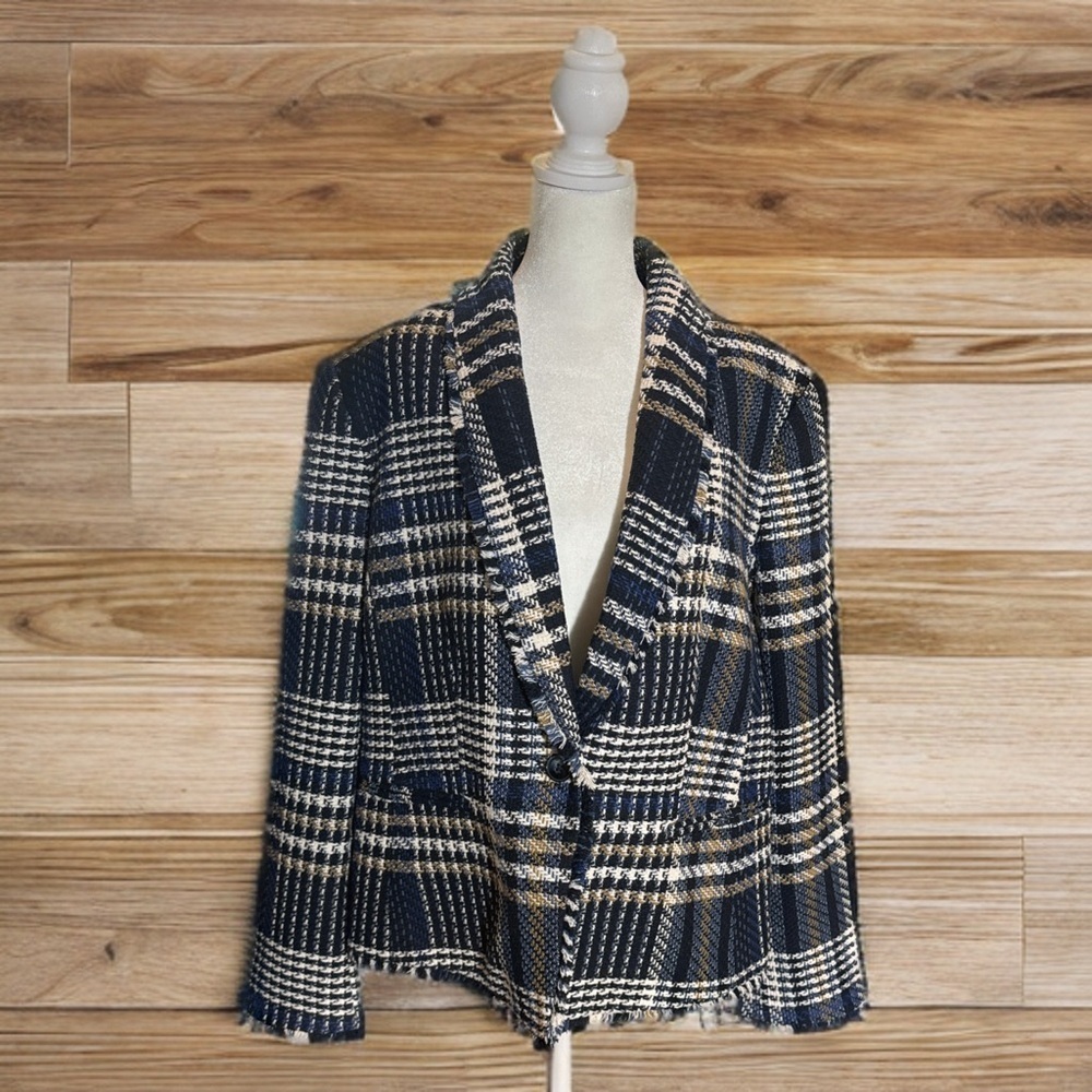 Ann Taylor Navy and Gold Tweed, One Button Blazer with Fringe Detail